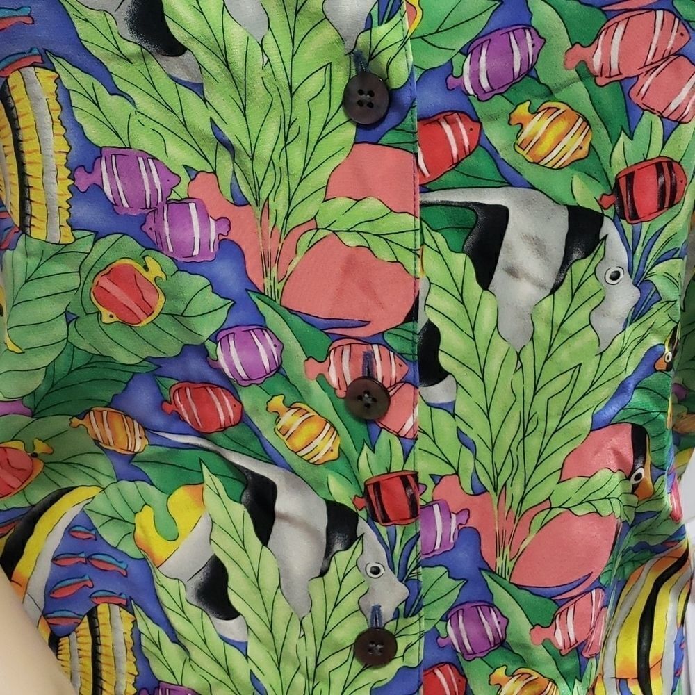 Vintage 90s Ann May 100% Silk Blouse Bright Vibrant Colors Tropical Fish Women L - Picture 6 of 10